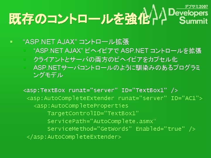 既存のコントロールを強化 § “ASP. NET AJAX” コントロール拡張 § § § “ASP. NET AJAX” ビヘイビアで ASP.