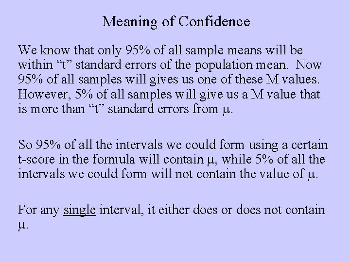 Meaning of Confidence We know that only 95% of all sample means will be