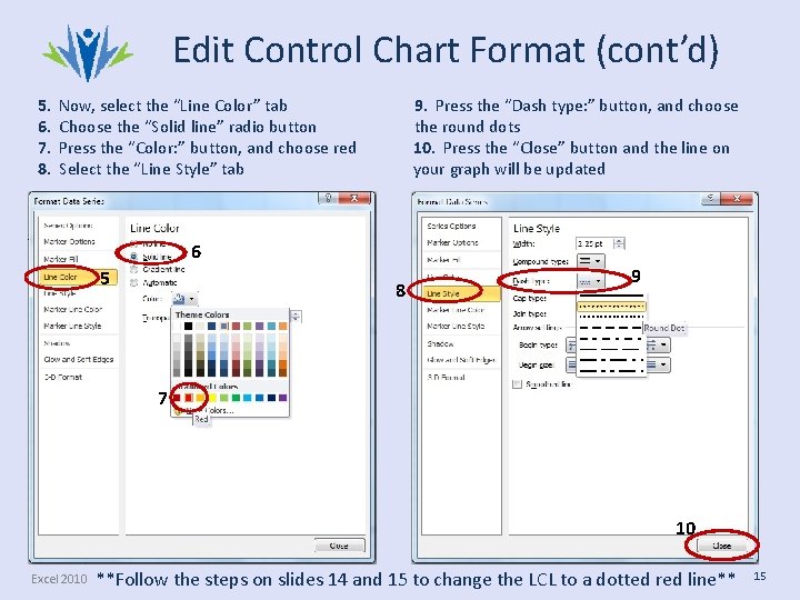 Edit Control Chart Format (cont’d) 5. 6. 7. 8. Now, select the “Line Color” Edit Control Chart Format (cont’d) 5. 6. 7. 8. Now, select the “Line Color”