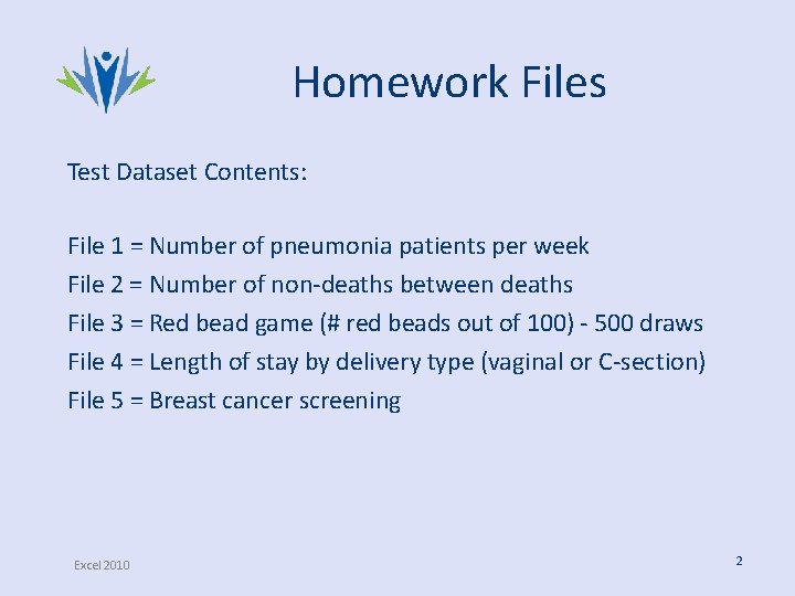 Homework Files Test Dataset Contents: File 1 = Number of pneumonia patients per week Homework Files Test Dataset Contents: File 1 = Number of pneumonia patients per week