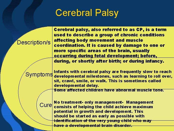 Cerebral Palsy Description/s Cerebral palsy, also referred to as CP, is a term used