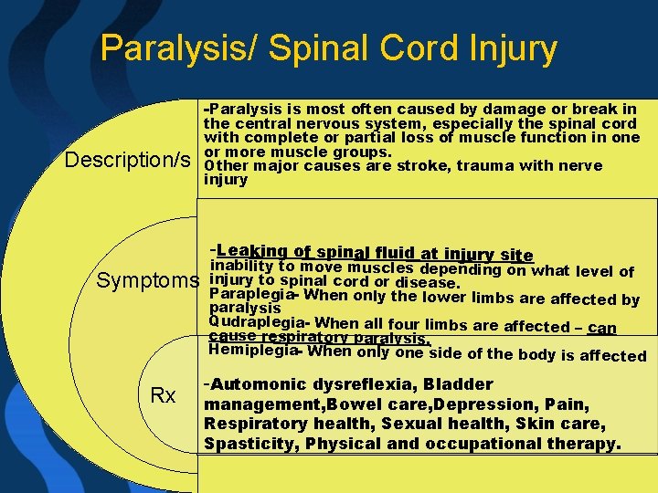 Paralysis/ Spinal Cord Injury -Paralysis is most often caused by damage or break in