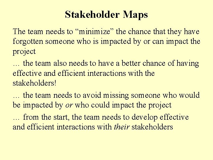 Stakeholder Maps The team needs to “minimize” the chance that they have forgotten someone