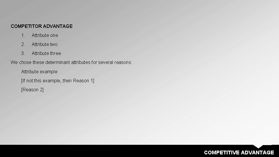 COMPETITOR ADVANTAGE 1. Attribute one 2. Attribute two 3. Attribute three We chose these