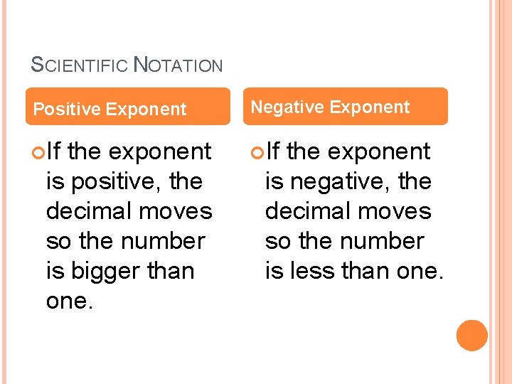 SCIENTIFIC NOTATION Positive Exponent Negative Exponent If the exponent is positive, the decimal moves