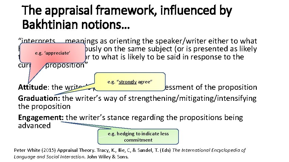 The appraisal framework, influenced by Bakhtinian notions… “interprets … meanings as orienting the speaker/writer