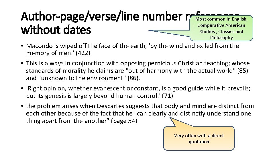 Author-page/verse/line number references Most common in English, Comparative American Studies , Classics and without