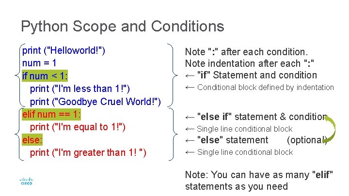 Python Scope and Conditions print ("Helloworld!") num = 1 if num < 1: print Python Scope and Conditions print ("Helloworld!") num = 1 if num < 1: print