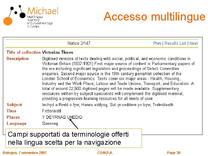 Accesso multilingue Campi supportati da terminologie offerti nella lingua scelta per la navigazione Bologna,
