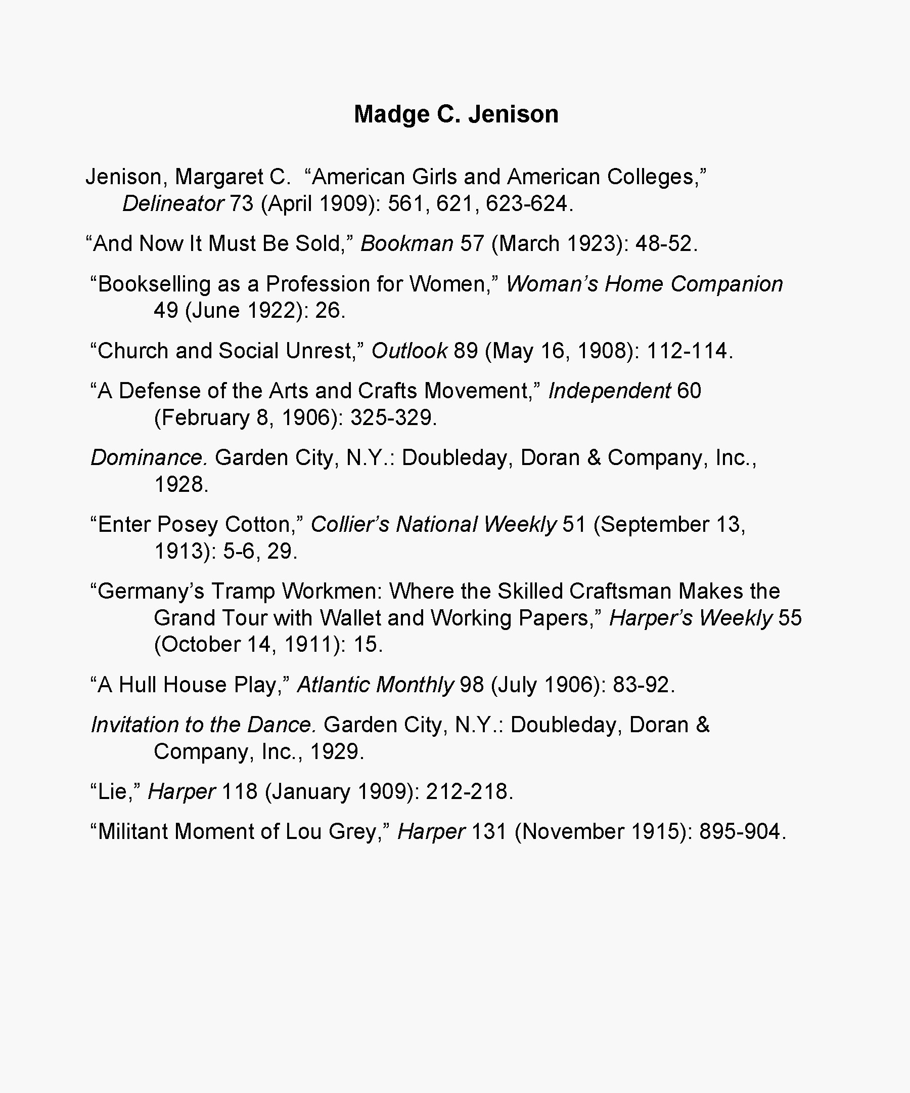 Madge C. Jenison, Margaret C. “American Girls and American Colleges, ” Delineator 73 (April
