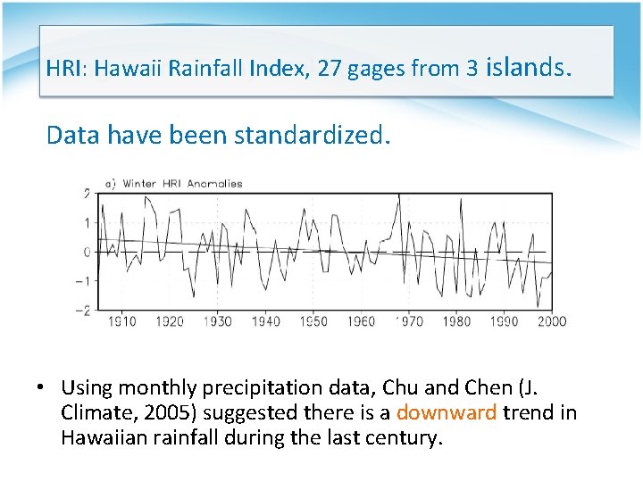 HRI: Hawaii Rainfall Index, 27 gages from 3 islands. Data have been standardized. •