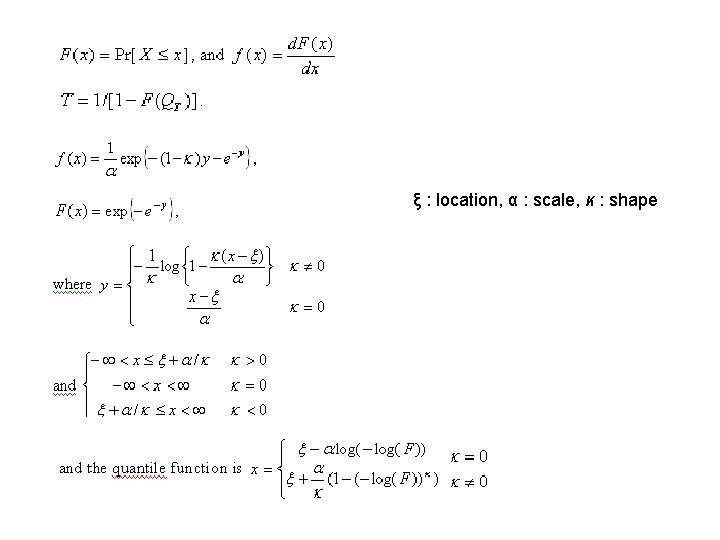 ξ : location, α : scale, ĸ : shape 