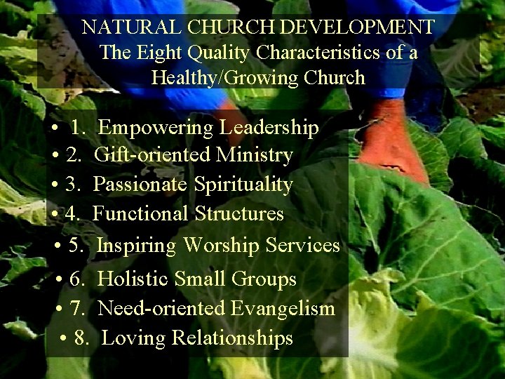 NATURAL CHURCH DEVELOPMENT The Eight Quality Characteristics of a Healthy/Growing Church • 1. Empowering
