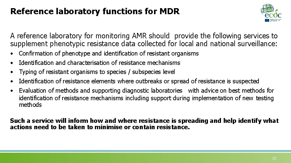 Reference laboratory functions for MDR A reference laboratory for monitoring AMR should provide the