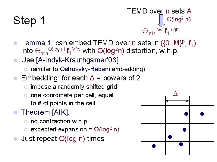 Step 1 TEMD over n sets Ai O(log 2 n) minlow ℓ 1 high