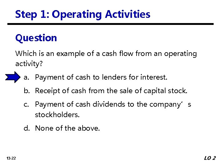 Step 1: Operating Activities Question Which is an example of a cash flow from