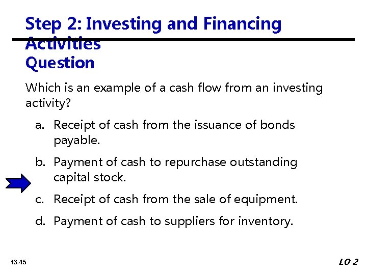 Step 2: Investing and Financing Activities Question Which is an example of a cash