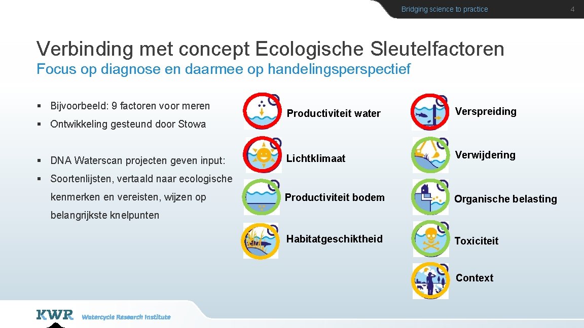 Bridging science to practice Verbinding met concept Ecologische Sleutelfactoren Focus op diagnose en daarmee