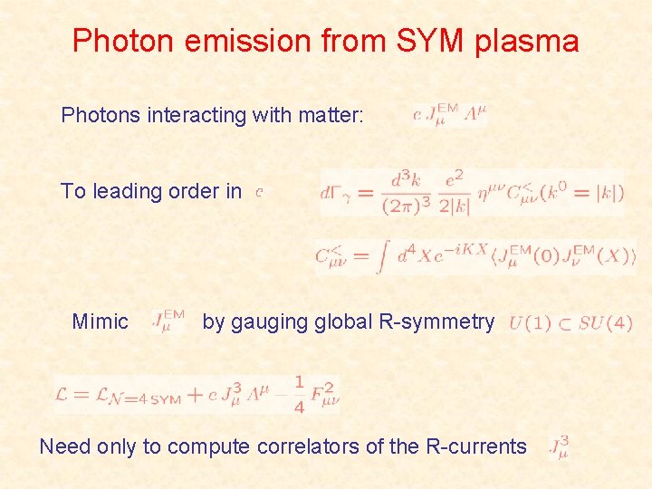 Photon emission from SYM plasma Photons interacting with matter: To leading order in Mimic