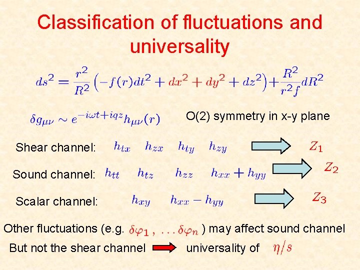 Classification of fluctuations and universality O(2) symmetry in x-y plane Shear channel: Sound channel: