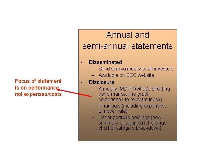 Annual and semi-annual statements • Disseminated – Send semi-annually to all investors – Available