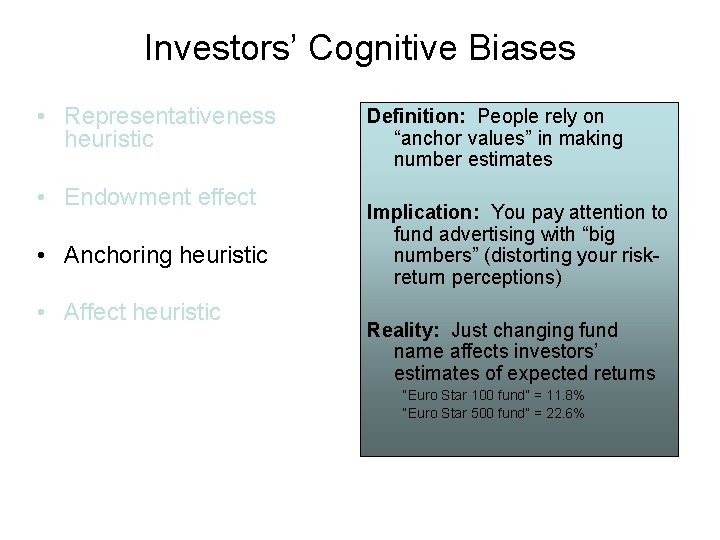 Investors’ Cognitive Biases • Representativeness heuristic • Endowment effect • Anchoring heuristic • Affect