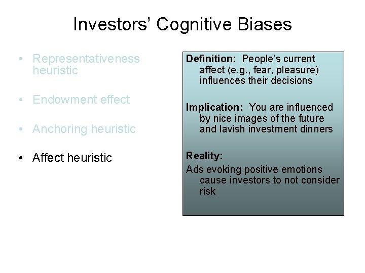 Investors’ Cognitive Biases • Representativeness heuristic • Endowment effect • Anchoring heuristic • Affect