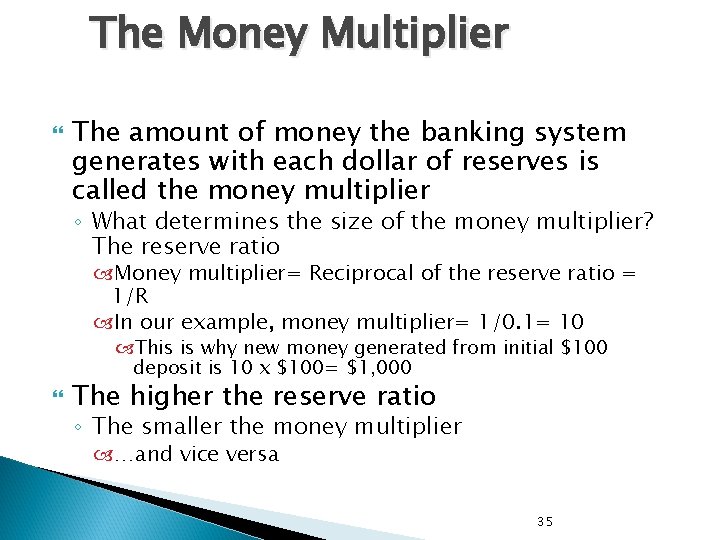 The Money Multiplier The amount of money the banking system generates with each dollar The Money Multiplier The amount of money the banking system generates with each dollar