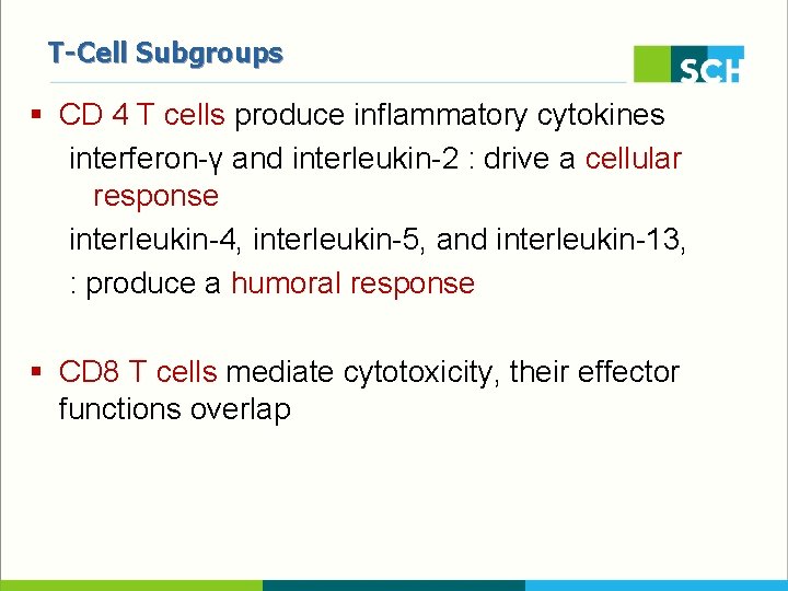 T-Cell Subgroups § CD 4 T cells produce inflammatory cytokines interferon-γ and interleukin-2 :