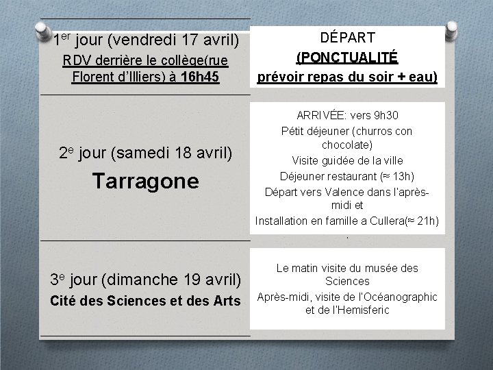 1 er jour (vendredi 17 avril) RDV derrière le collège(rue Florent d’Illiers) à 16