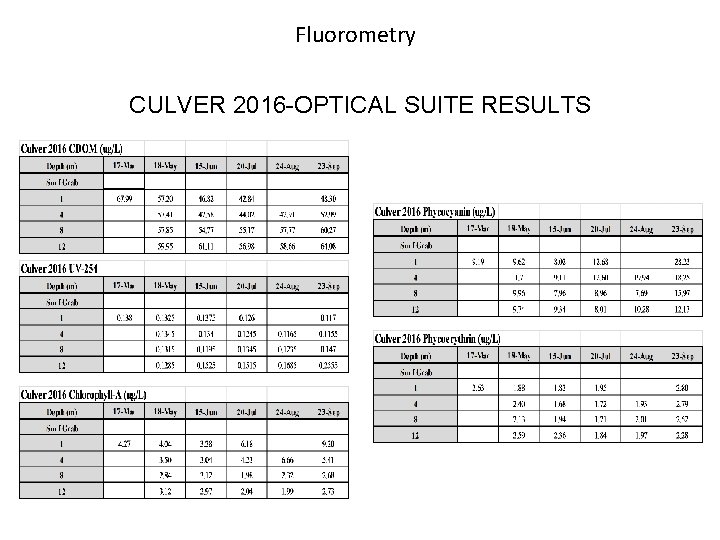 Fluorometry CULVER 2016 -OPTICAL SUITE RESULTS 