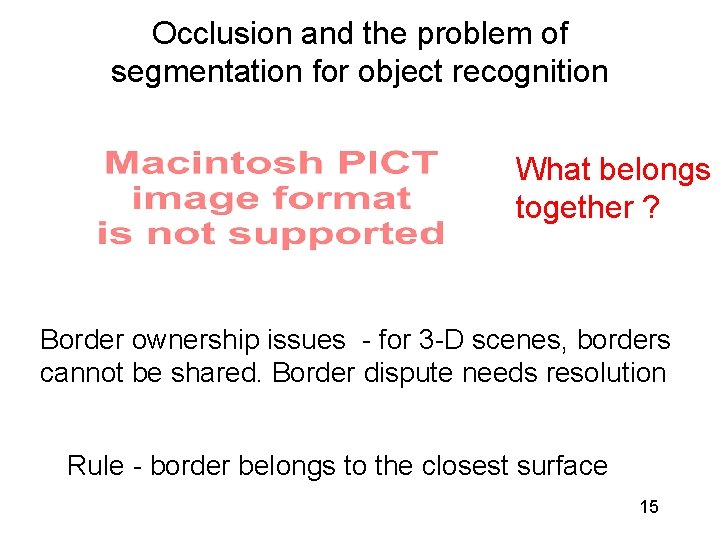 Occlusion and the problem of segmentation for object recognition What belongs together ? Border