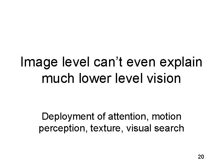 Image level can’t even explain much lower level vision Deployment of attention, motion perception,