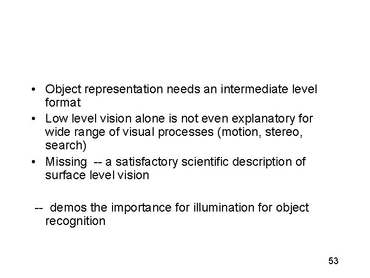  • Object representation needs an intermediate level format • Low level vision alone