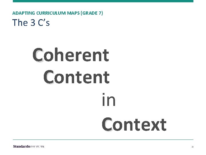 ADAPTING CURRICULUM MAPS (GRADE 7) The 3 C’s Coherent Content in Context 21 