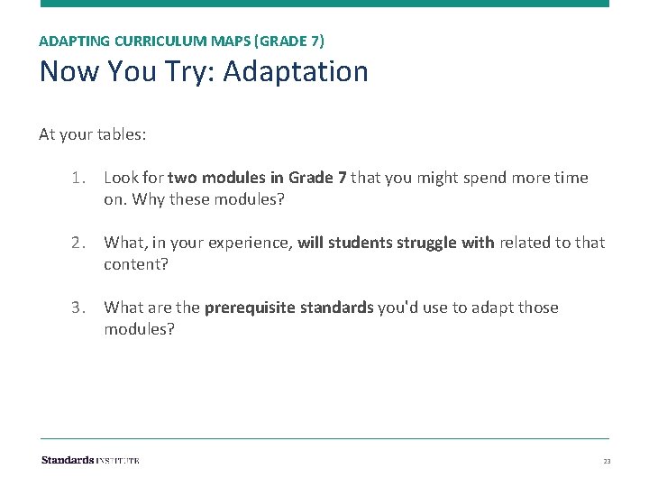 ADAPTING CURRICULUM MAPS (GRADE 7) Now You Try: Adaptation At your tables: 1. Look