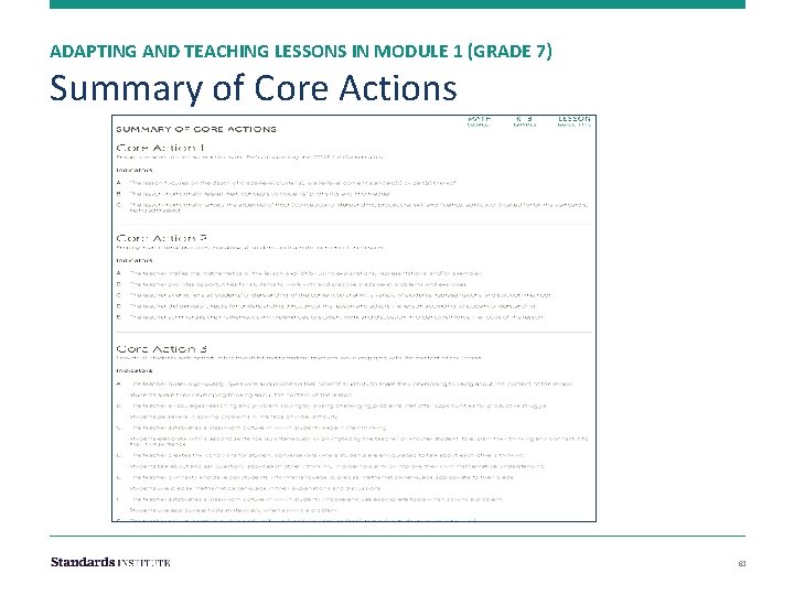 ADAPTING AND TEACHING LESSONS IN MODULE 1 (GRADE 7) Summary of Core Actions 61