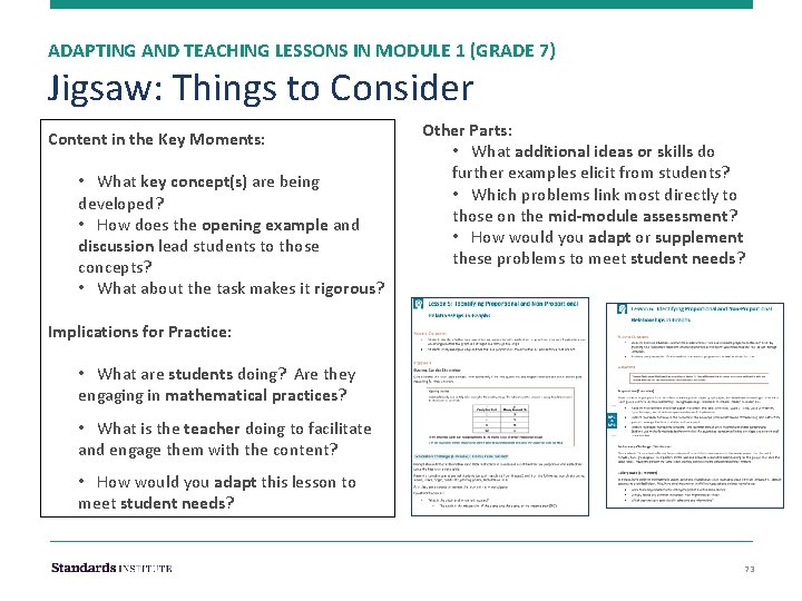 ADAPTING AND TEACHING LESSONS IN MODULE 1 (GRADE 7) Jigsaw: Things to Consider Content