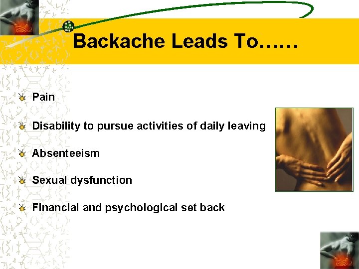 Backache Leads To…… Pain Disability to pursue activities of daily leaving Absenteeism Sexual dysfunction