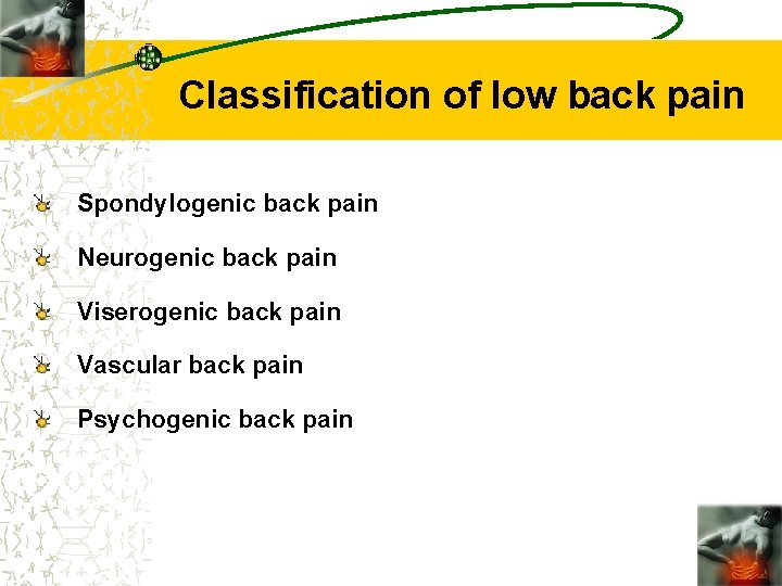 Classification of low back pain Spondylogenic back pain Neurogenic back pain Viserogenic back pain