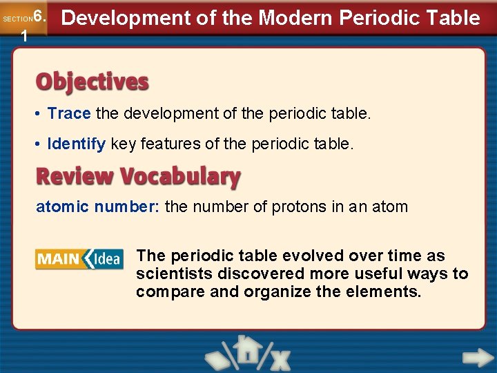 6. SECTION 1 Development of the Modern Periodic Table • Trace the development of