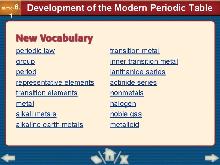 6. SECTION 1 Development of the Modern Periodic Table periodic law group period representative