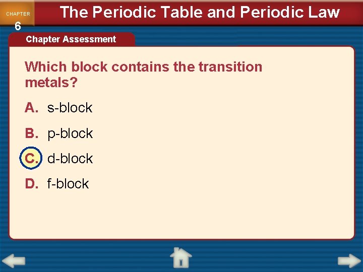 CHAPTER 6 The Periodic Table and Periodic Law Chapter Assessment Which block contains the
