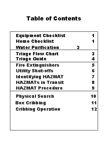 Table of Contents Equipment Checklist Home Checklist Water Purification Triage Flow Chart Triage Guide