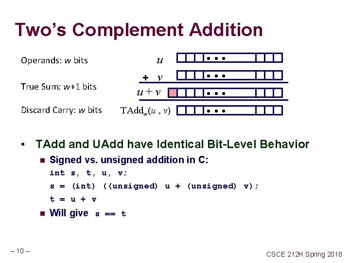 Two’s Complement Addition Operands: w bits True Sum: w+1 bits Discard Carry: w bits