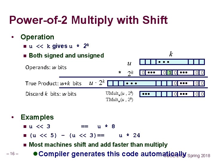 Power-of-2 Multiply with Shift • Operation n u << k gives u * 2