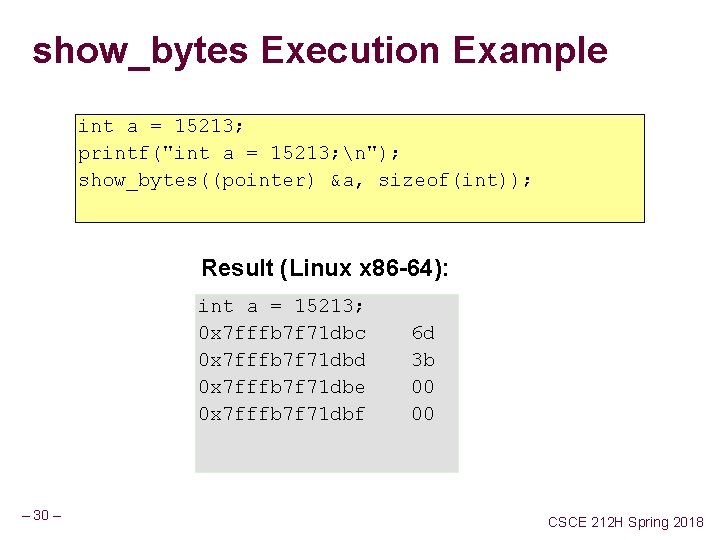 show_bytes Execution Example int a = 15213; printf("int a = 15213; n"); show_bytes((pointer) &a,