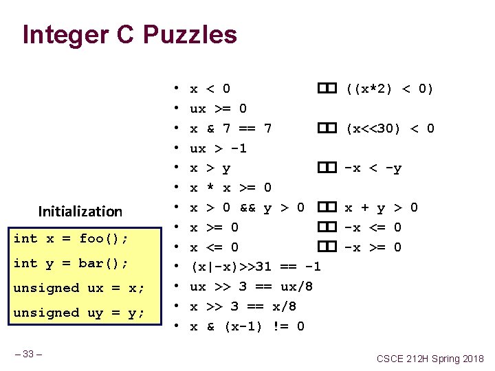 Integer C Puzzles Initialization int x = foo(); int y = bar(); unsigned ux