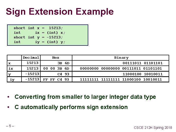 Sign Extension Example short int x = 15213; int ix = (int) x; short