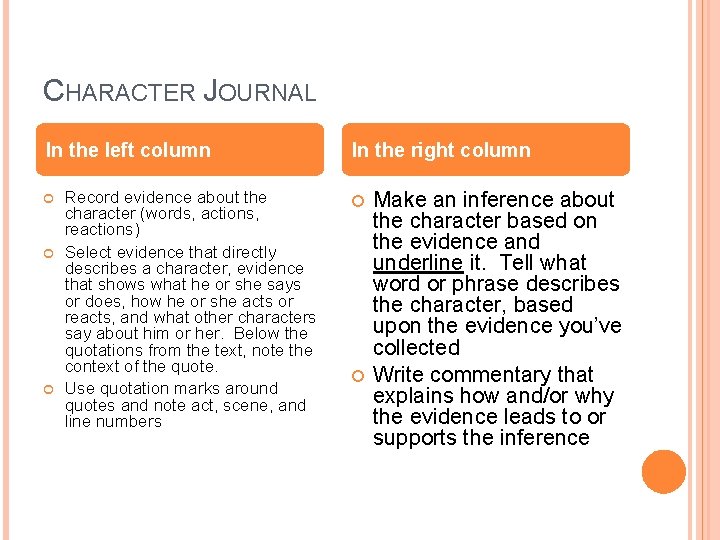CHARACTER JOURNAL In the left column Record evidence about the character (words, actions, reactions) CHARACTER JOURNAL In the left column Record evidence about the character (words, actions, reactions)
